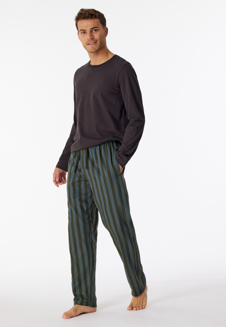 Lounge pants long woven fabric organic cotton stripes dark green - Mix &  Relax | SCHIESSER