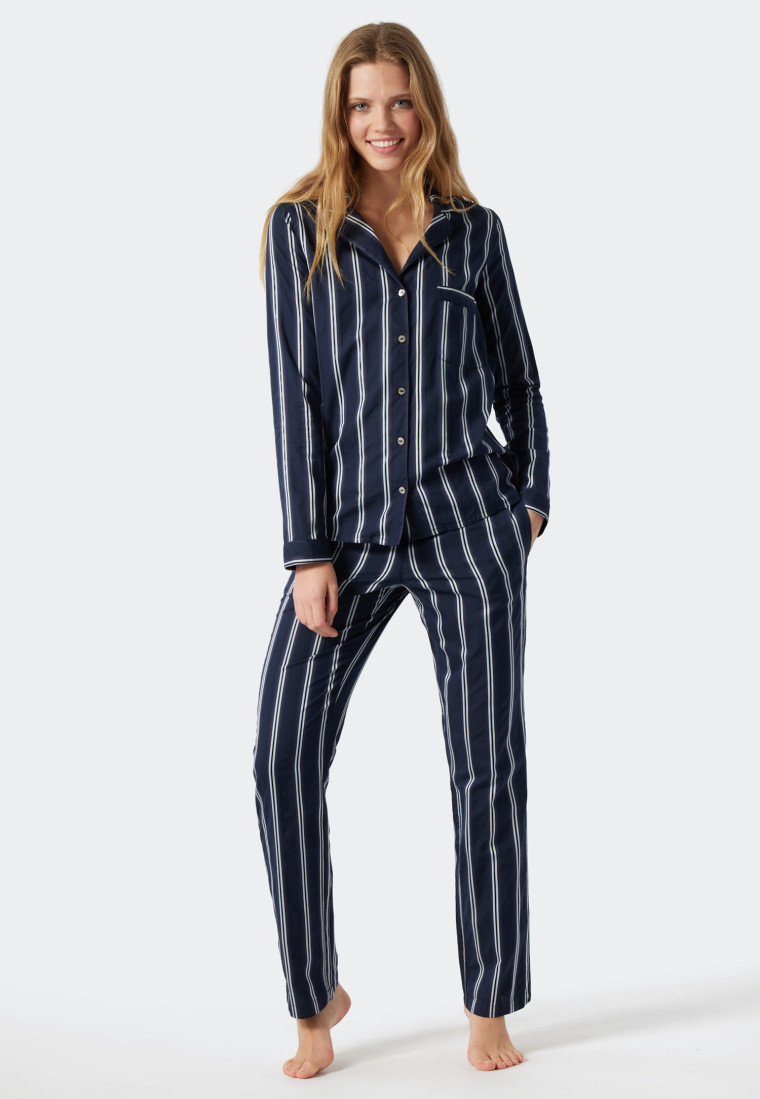 Pajamas long woven satin lapel collar stripes blue - selected! premium  inspiration | SCHIESSER