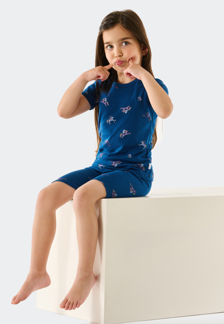 Schlafanzug kurz Feinripp Organic Cotton Einhörner blau - Girls World |  SCHIESSER