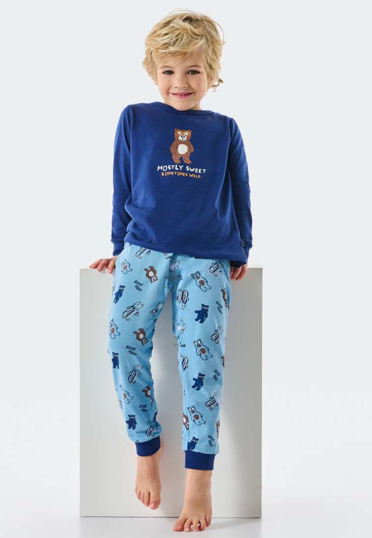 Pyjama lang biologisch katoen manchetten teddybeer opschrift blauw - Natural Love
