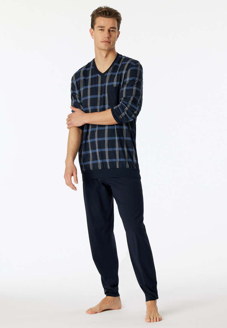Pyjama lang Organic Cotton V-hals manchetten borstzak nachtblauw geruit - Comfort Nightwear