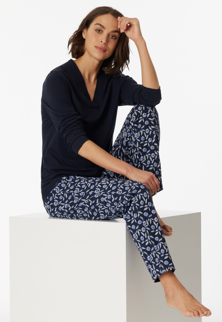 Schlafanzug lang Organic Cotton V-Ausschnitt nachtblau - Comfort Nightwear  | SCHIESSER