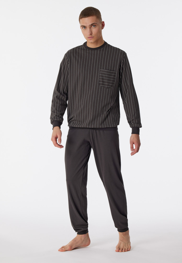 cuffs Pajamas long cotton stripes Comfort - anthracite organic Nightwear | SCHIESSER