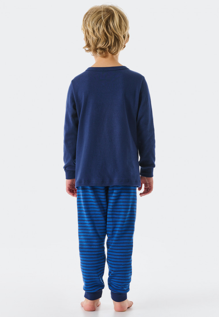 Schlafanzug lang Interlock Organic Cotton Bündchen Wikinger Langschiff  Ringel dunkelblau - Boys World | SCHIESSER